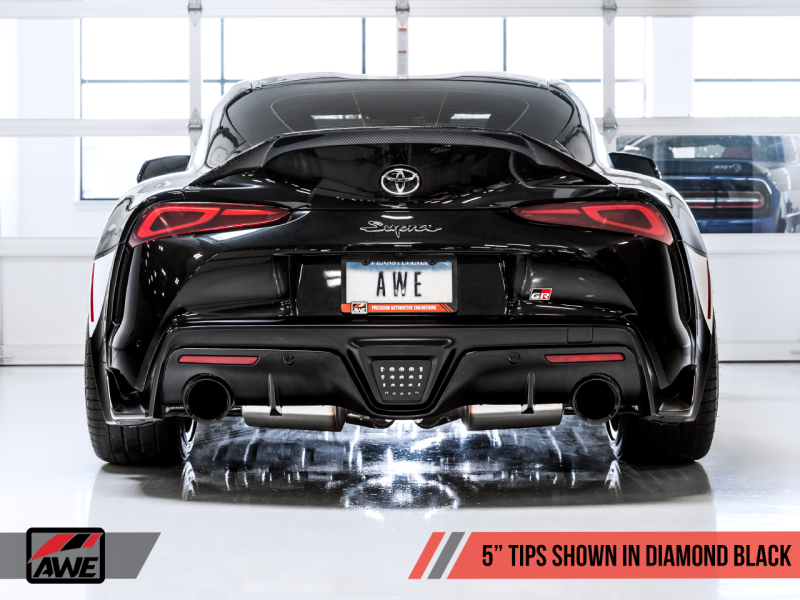 AWE 2020 Toyota Supra A90 Resonated Track Edition Exhaust - 5in Diamond Black Tips - 3015-33130Photo - out of package