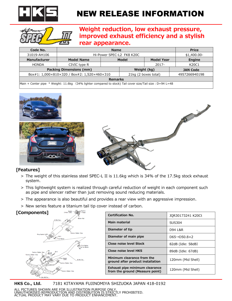 HKS Hi-Power Muffler SPEC-L2 | Honda Civic Type R FK8