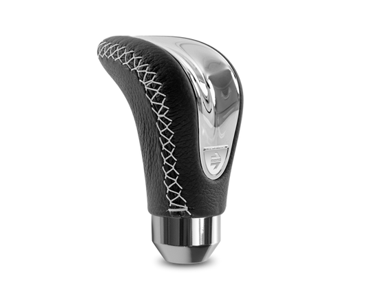 Momo Combat Evo Shift Knob - Black Leather, Chrome Insert, Silver Stitching - CTECHR